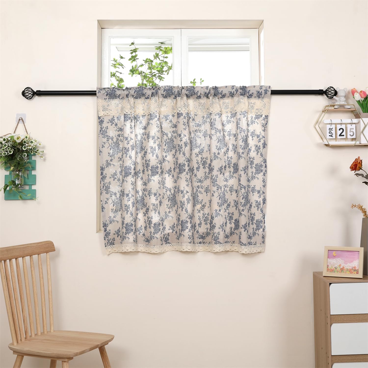 Farmhouse Cotton Linen Tier Curtain 36 Inch Long Elegant Floral Lace Window Treatment Kitchen Bathroom Short Curtain, 1 Panel, Vintage Orchid on Beige